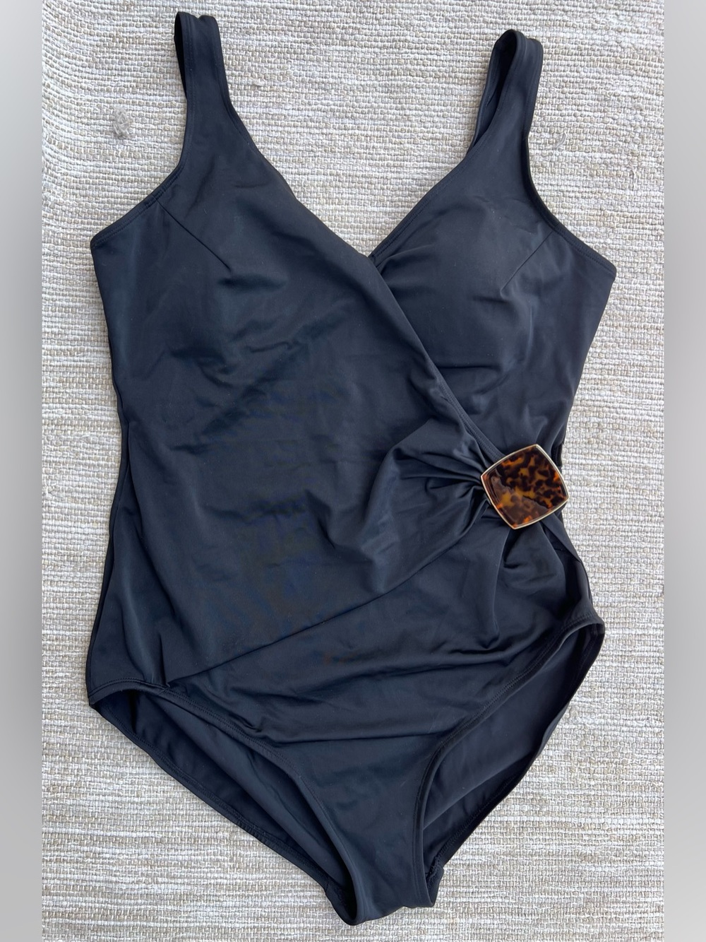 Chico's Swim Classy Feminine Black Wrap One-Pience Swimsuit w tortoise accent 16